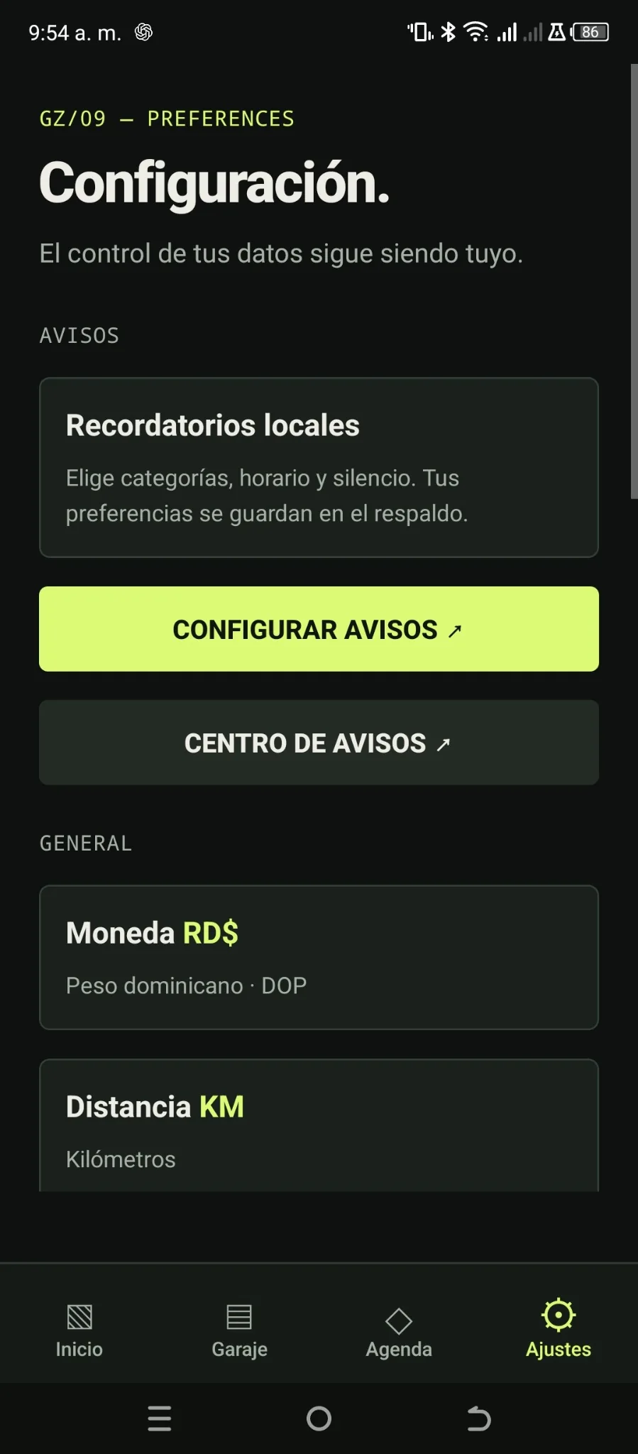Configuración: avisos locales y preferencias de unidades