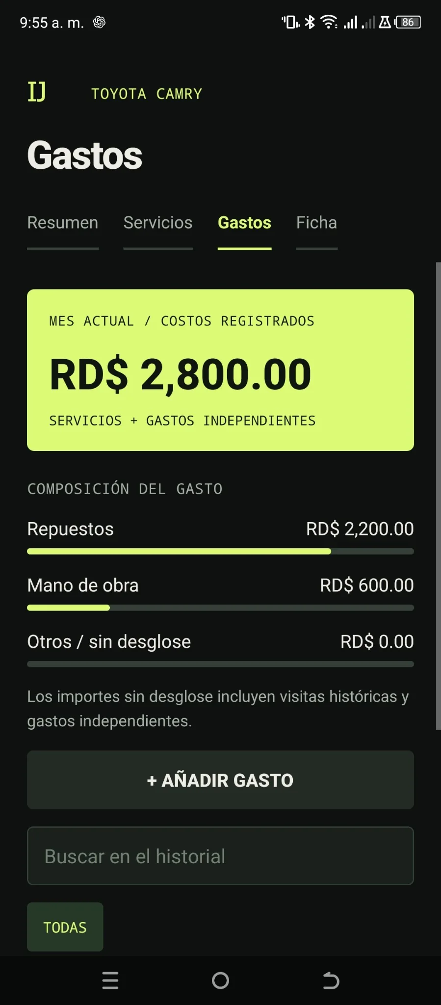 Detalle de gastos del vehículo: repuestos y mano de obra