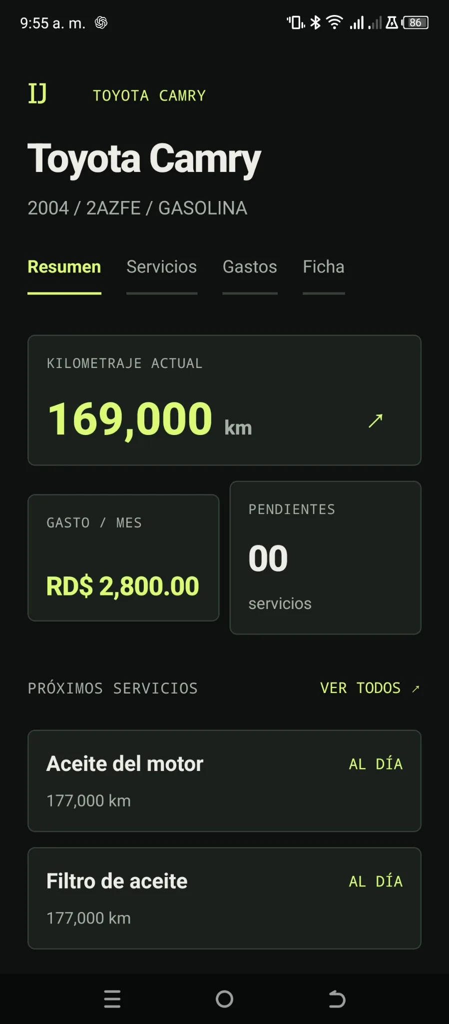 Ficha del Toyota Camry: resumen, próximos servicios y gastos